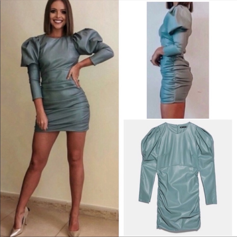 Zara Mini Dress in Sage Green with Puff Shoulders
